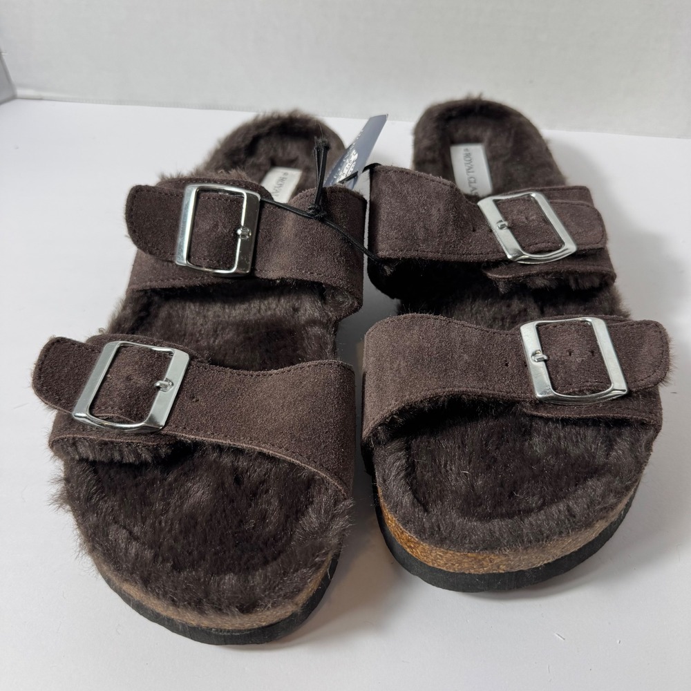 Royal Class Mens‎ Faux Fur Lined Footbed Sandals Brown Buckle Slides Size 8 NEW